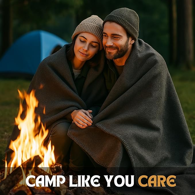 Wool Camping Blanket ??70% Wool Heavy-Duty Military Style Throw, Warm & Washable, Fire Retardant