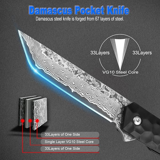 AUBEY Damascus Pocket Knife, Tanto VG10 Core Damascus Steel Folding Knives with Ball Bearing