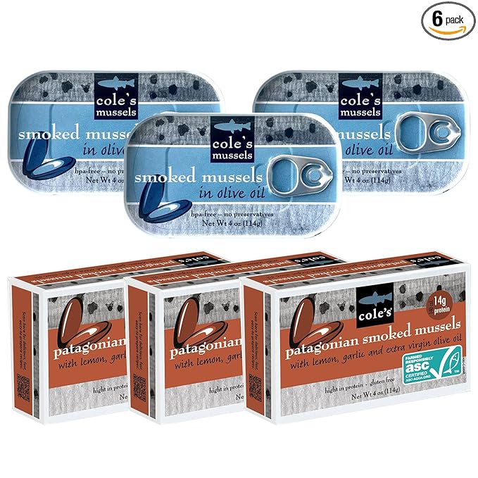Cole?™s Patagonian Smoked Mussels Includes Lemon & Garlic AND Extra Virgin Olive Oil Flavors | 14g