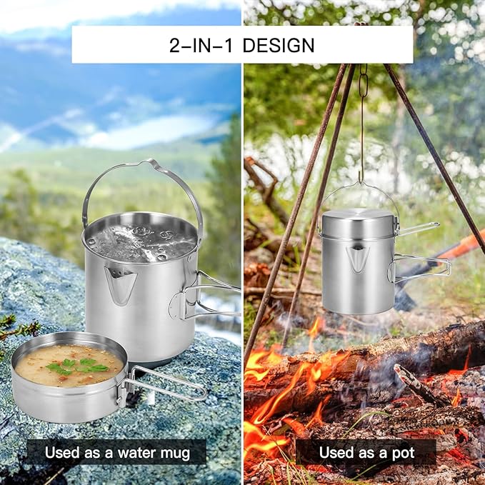 Lixada Camping Cooking Kettle 1L Stainless Steel Pot with Foldable Handle and Dual Use Cover