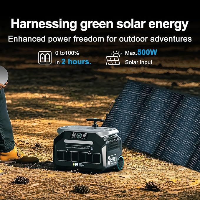 IEE P2400 Portable Power Station with 1x400W Solar Panel,2400W AC Outlet(Peak 5000W),1800W 1.2H
