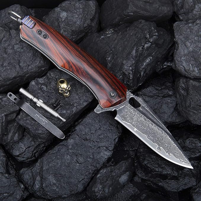 Damascus steel multifunctional EDC folding knife with self assembling pocket clip, lining lock