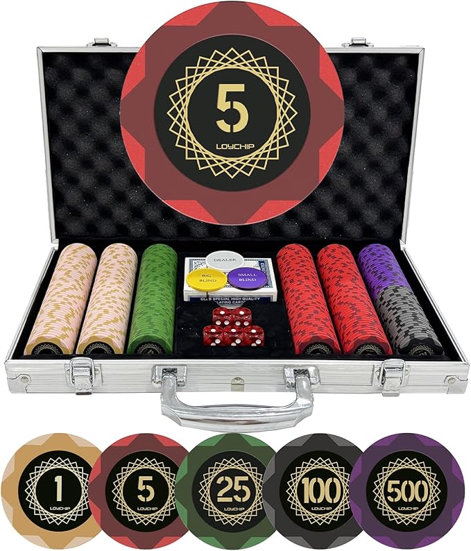 Clay Poker Set with Numbered Chips 300-pcs for Card Board Game, 14g Weight with Playing Cards for