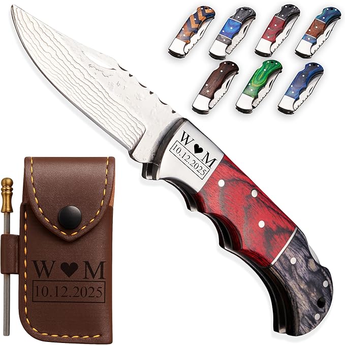 Personalized Folding Knife, Damascus Red Black Pocket Knife, Custom Gift for Men, Husband