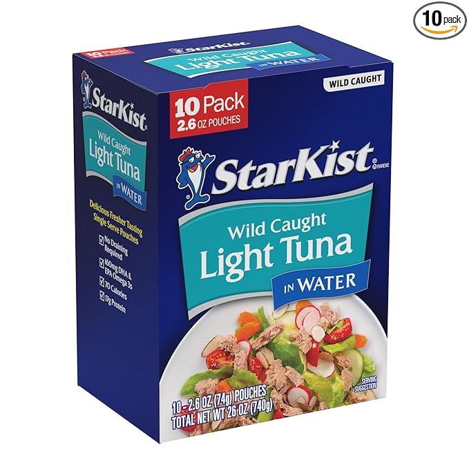 StarKist Chunk Light Tuna in Water, 2.6 oz Pouch (10 Pack) Ready to Eat Wild Caught Tuna, 17g