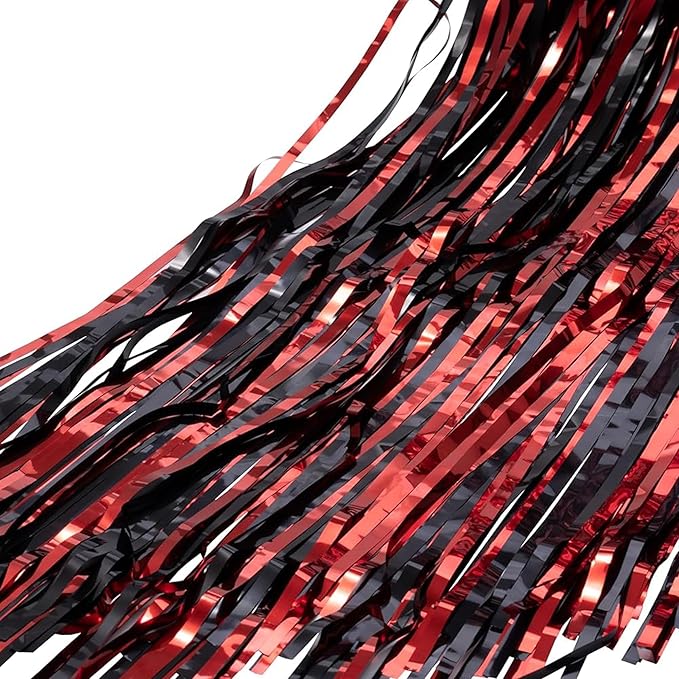 BRAVESHINE Tinsel Photo Backdrop Curtains - 2 Pack 3.2x8.2ft Black Red Foil Fringe Streamer Curtain