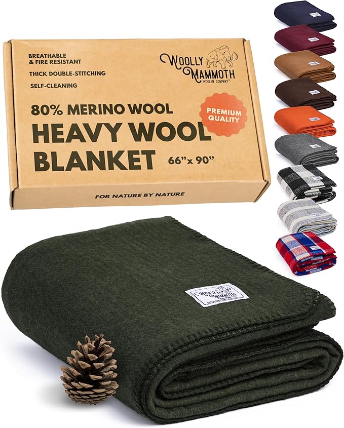 Woolly Mammoth Woolen Company Merino Wool Throw Blanket - 66 x 90 in, Hunter Green - Heavyweight