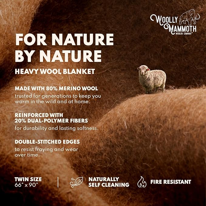 Woolly Mammoth Woolen Company Camping Blanket - 66 x 90 in, Tan - Outdoor Throw Blanket for