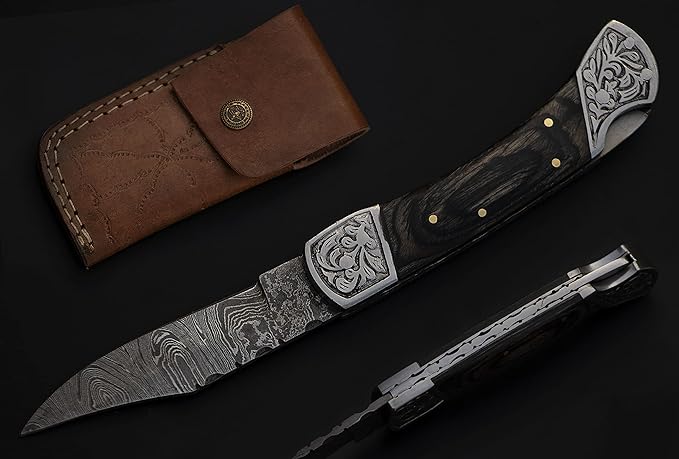 8.5" long Folding Knife, Wood Scale with Engraved steel bolster, custom made 4.25" Hand Forged