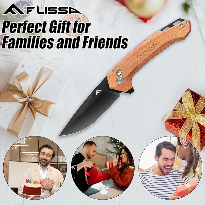 FLISSA Pocket Folding Knife, 3.2??D2 Blade Wood Handle EDC Knife with Button Lock and Pocket Clip