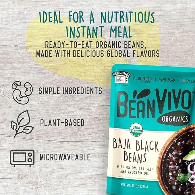 BeanVIVO (Pack of 12) Organics 14g Plant based Protein Baja Black Beans - Good Source of Fiber