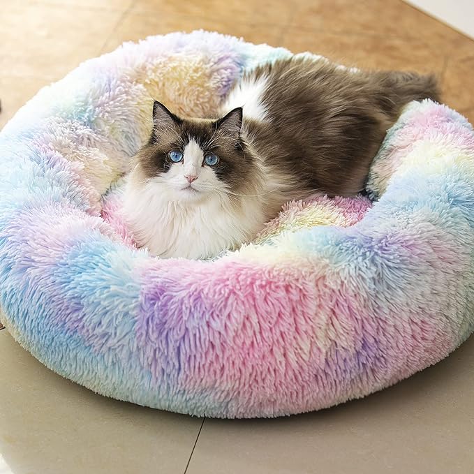 Anti Anxiety Round Fluffy Plush Faux Fur Warm Washable Dog Bed & Cat Bed, Original Bed for Small