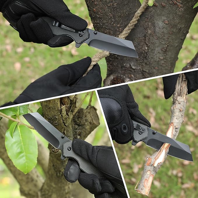FLISSA Pocket Knife, 3.5" Folding Stonewash Blade Tactical Knife, Micarta Handle, for Outdoor
