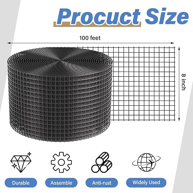 Solar Panel Bird Guard,8in x 100ft Critter Guard Galvanized PVC Coated Mesh Roll Kit,Black Pigeon