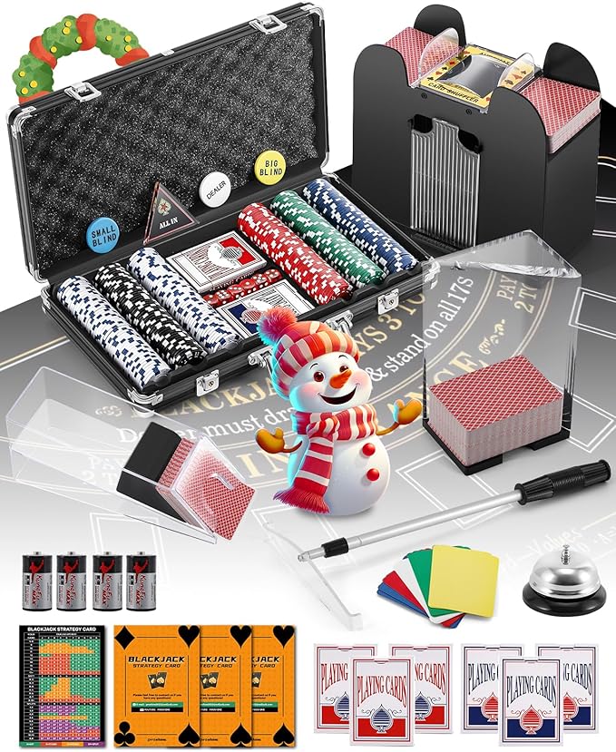 Blackjack Set Casino Set Blackjack Game Combo Set: Card Shuffler, 300pcs Poker Chips, Casino Felt
