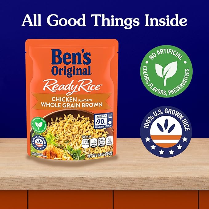 BEN'S ORIGINAL Ready Rice Chicken Flavored Whole Grain Brown Rice, Easy Flavored Rice Dinner Side