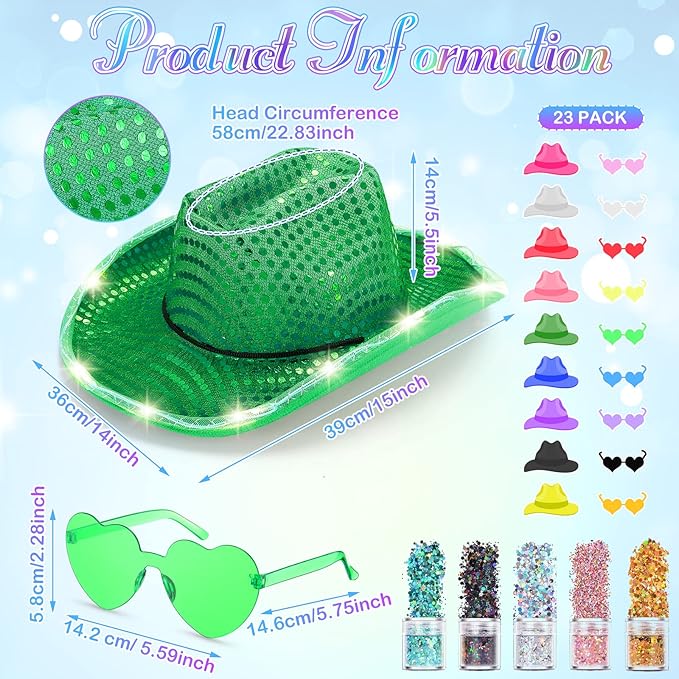 Coume 23 Pcs Cowboy Light up Hat Bulk Flashing Holographic Cowgirl Hats with Heart Sunglasses for