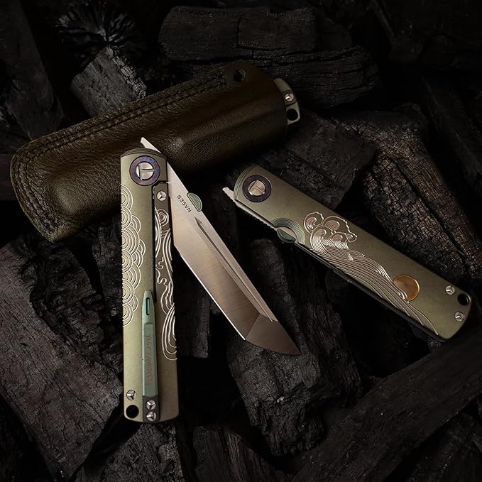 Handmade CPM-S35VN Powder Steel Japanese Pocket Knife, TC4 Titanium Alloy Handle, Camping and