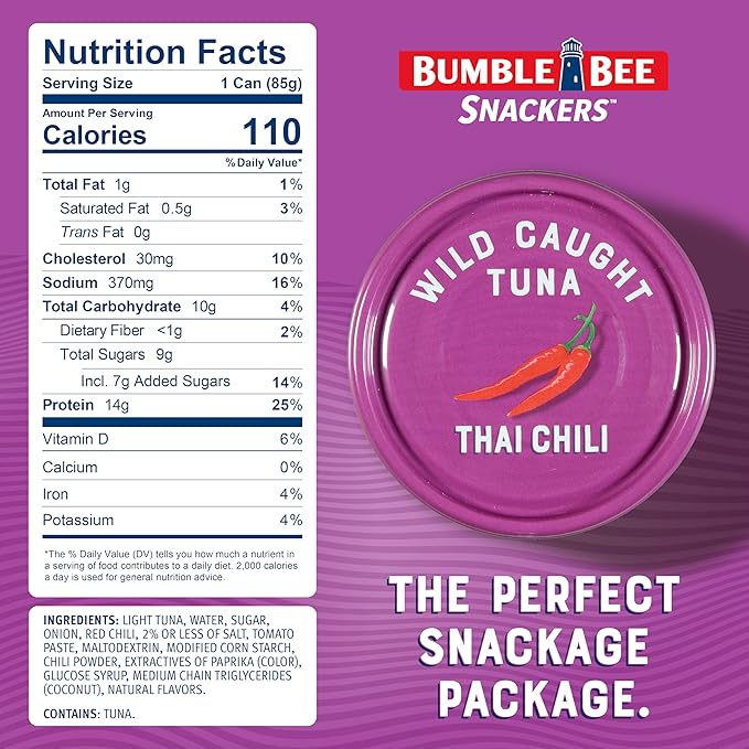 Bumble Bee Snackers - Thai Chili Tuna, 3 oz Easy Open Can - 14g Protein per Serving - Wild Caught