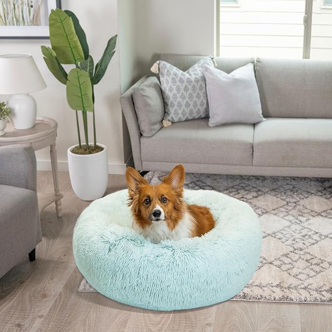Best Friends by Sheri Original Calming Donut Dog and Cat Bed, Shag Faux Fur, Baby Blue, (30in x