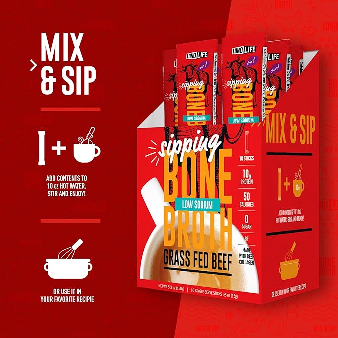 LonoLife Low Sodium Beef Bone Broth Powder Mix | Grass-Fed, 10g Protein | Collagen-Rich, Keto &