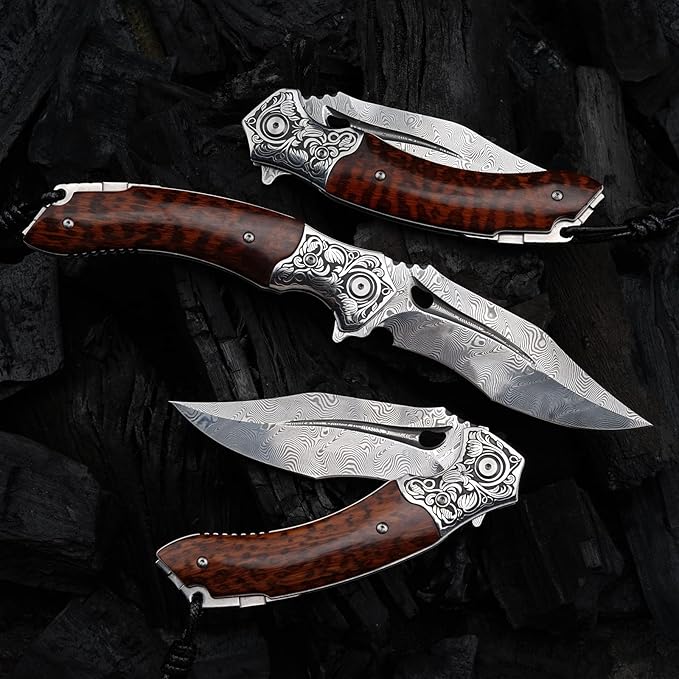 Japanese VG 10 Damascus Steel Folding Knife, Outdoor Wilderness Survival Pocket Knife, Snake Wood
