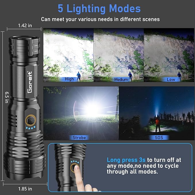 Goreit Flashlights LED High Lumens Rechargeable, 2000 Lumens XHP70.2 Super Bright Flashlight, Flash