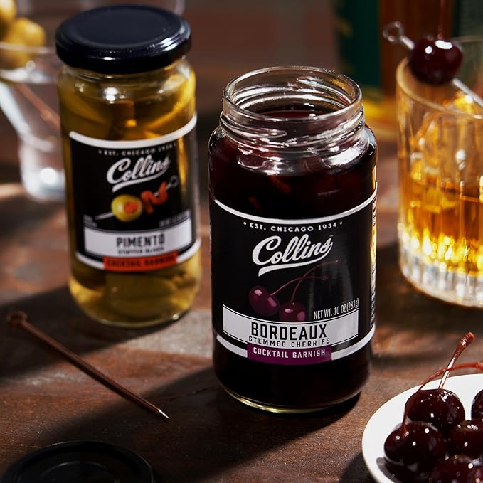 Collins Stemmed Black Cherries for Cocktails, Old Fashioned, Manhattan, and Whiskey Sour, Cocktail