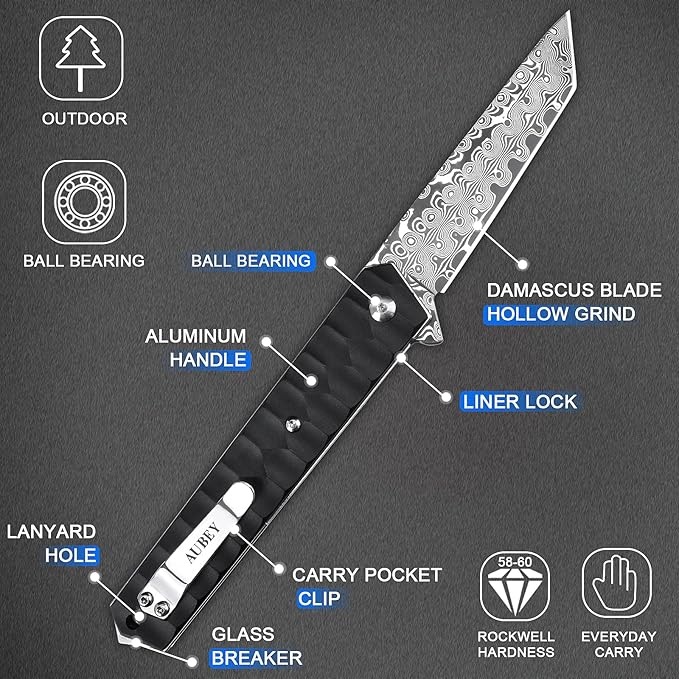 AUBEY Damascus Pocket Knife with Clip, Tanto Blade Damascus Steel Folding Knives for Men Tactical