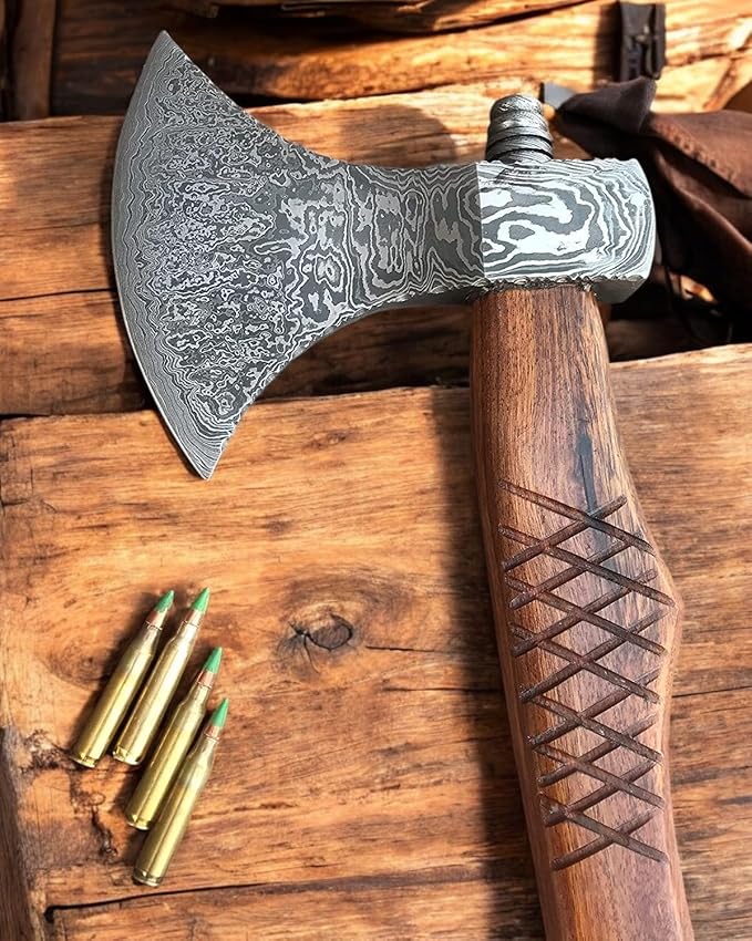 AX-7000 Custom Gift Forged Damascus Steel Vintage Axe with Rose Wood Shaft, Viking Bearded Camping