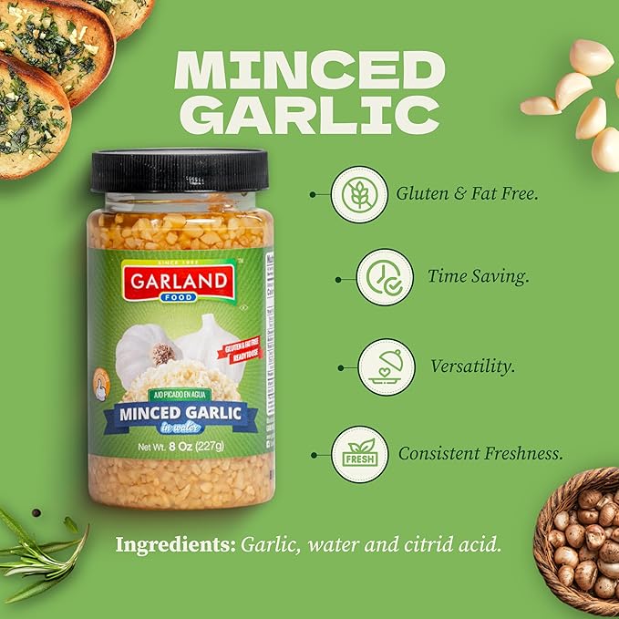 Garland Food Minced Garlic in Water 8 oz ??Made in the USA - Minced Garlic in Jar for Fresh Flavor