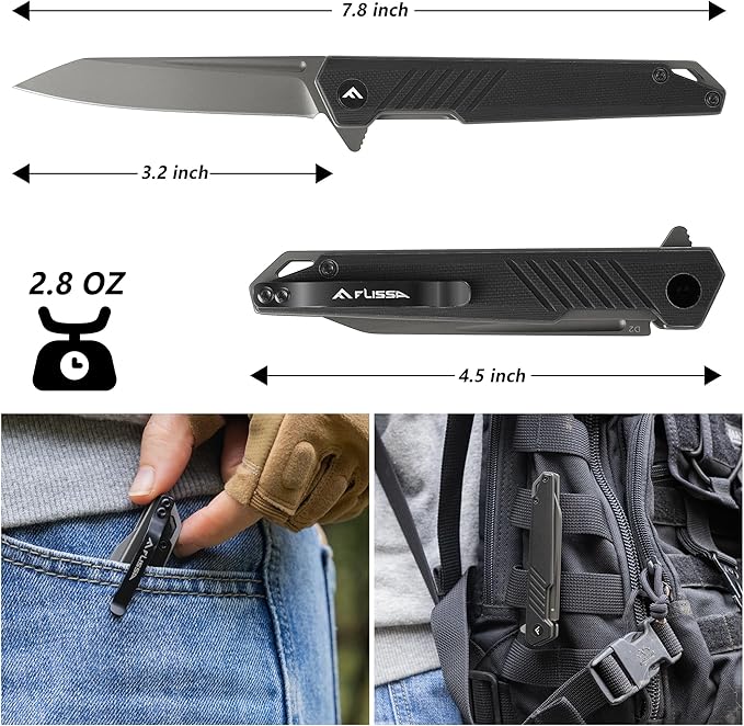 FLISSA Folding Knife, Pocket Knife with D2 Steel Blade, G10 Handle, Pocket Clip, Lightweight for