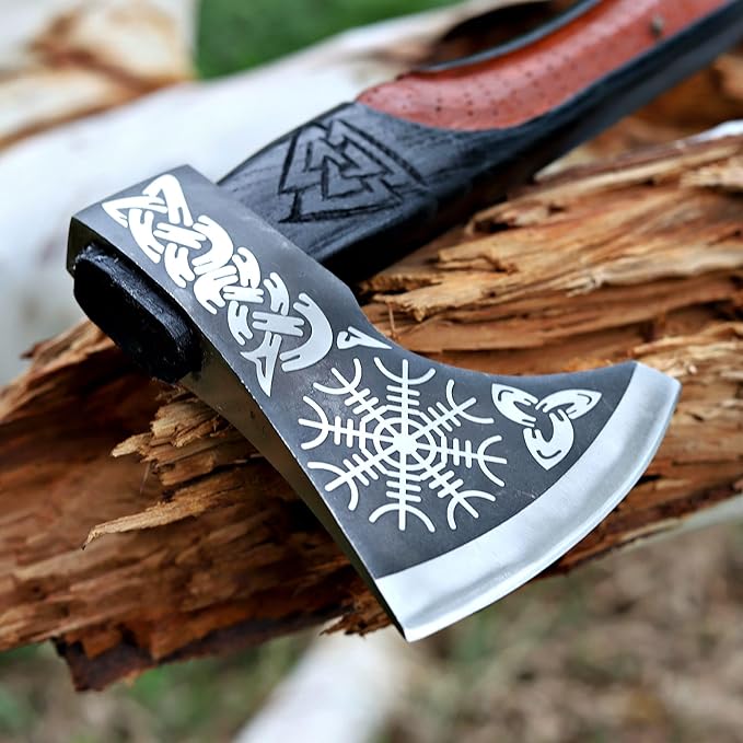 Viking Axe | 18" Carbon Steel Throwing Hatchet with Ash Wood Handle & Leather Sheath | Etched Norse