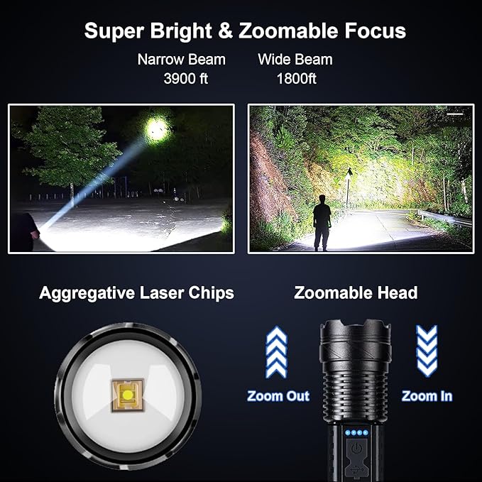 Rechargeable Flashlights High Lumens 2 Packs, 980,000L Super Bright Zoomable Tactical Flash Light