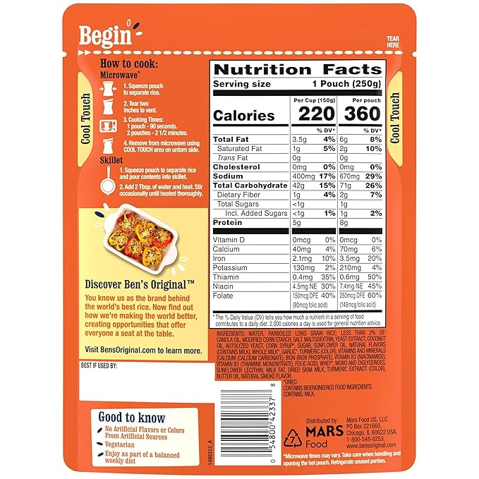 BEN'S ORIGINAL Ready Rice Butter and Garlic Flavored Rice, Easy Dinner Side, 8.8 oz Pouch (Pack of