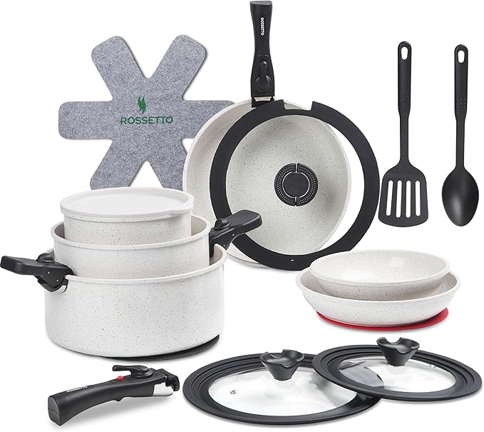 23 Pcs Nonstick Pots and Pans Set with 4 Detachable Handle, Ceramic Cookware Set Non Toxic