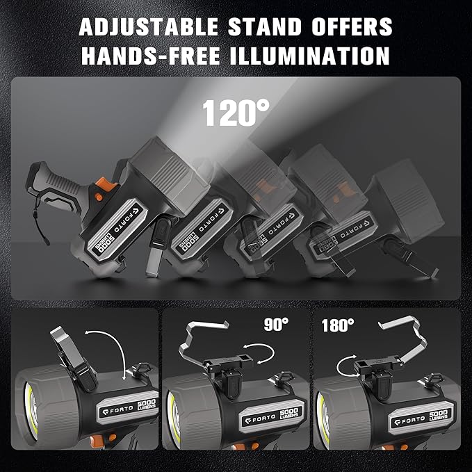 FORTO Rechargeable Spotlight 5000 Lumen Ultra Bright IPX7 Waterproof Spotlight, Boat Flashlight
