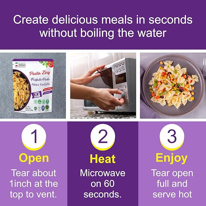 Pasta Zing Farfalle Pasta – Fully Cooked Bow Tie Pasta, Microwave Ready in 60 Seconds, Made with