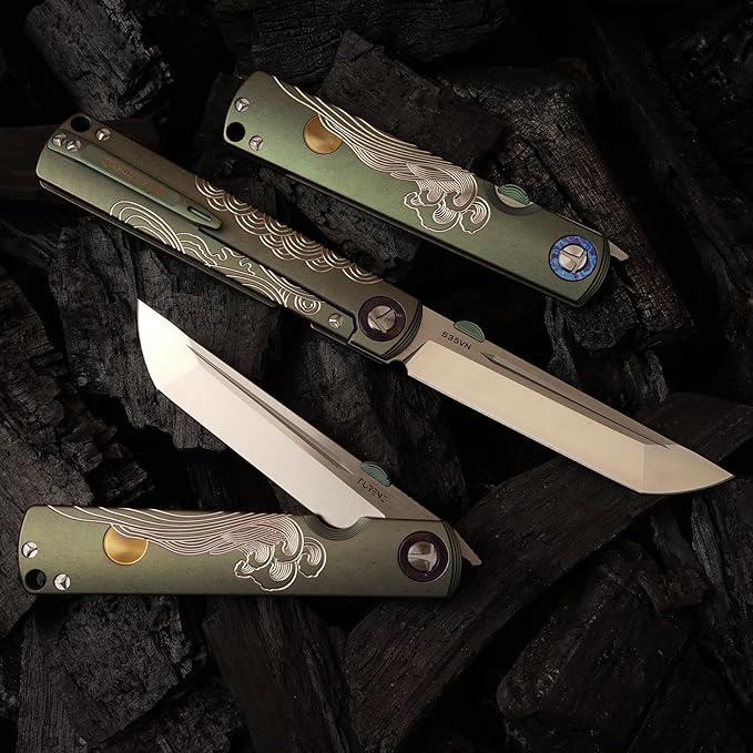 Handmade CPM-S35VN Powder Steel Japanese Pocket Knife, TC4 Titanium Alloy Handle, Camping and