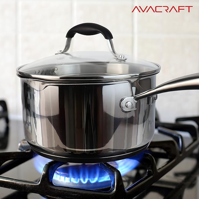 AVACRAFT Stainless Steel Saucepan with Glass Lid, Strainer Lid, Two Side Spouts for Easy Pour with