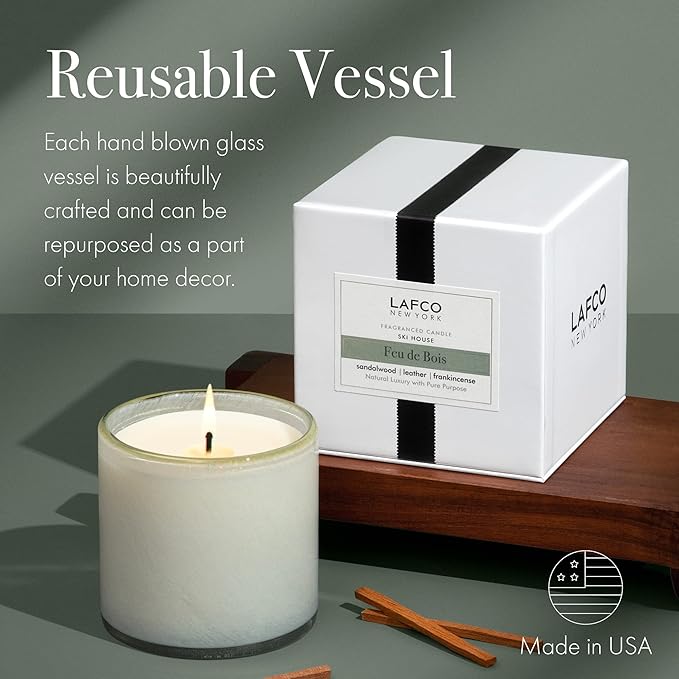 LAFCO New York Classic Candle, Feu de Bois - 6.5 oz - 50-Hour Burn Time - Reusable, Hand Blown