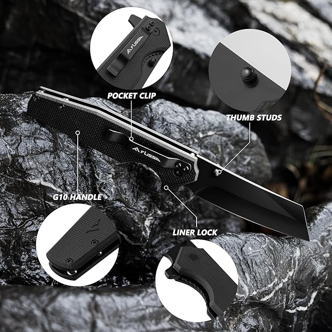 FLISSA Folding Knife, 4-3/4" Reverse Tanto Folding Pocket Knife, Black Stonewash Blade, G10 Handle