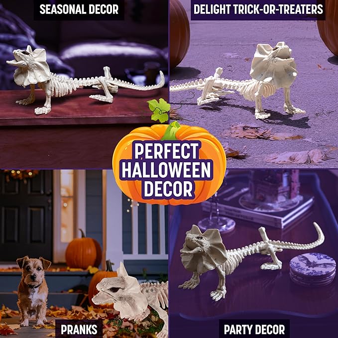 17" Frilled Lizard Skeleton Halloween Decoration- Weather Resistant for Indoor/Outdoor Spooky