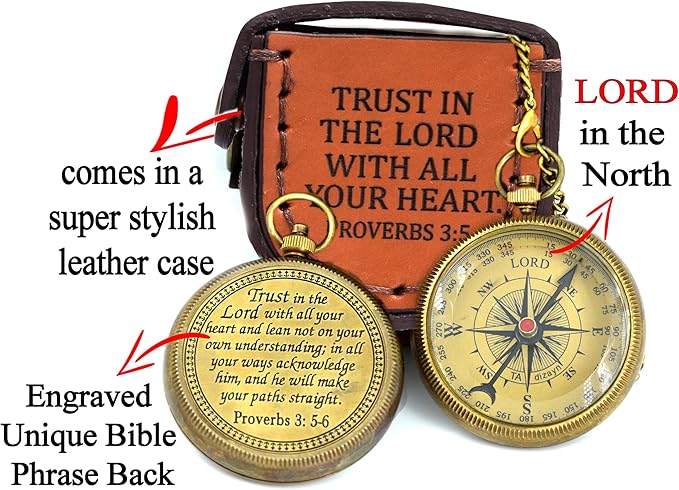 Trust in The Lord With All Your Heart - Proverbs 3:5-6 Quote Engraved Compass With Wooden Box