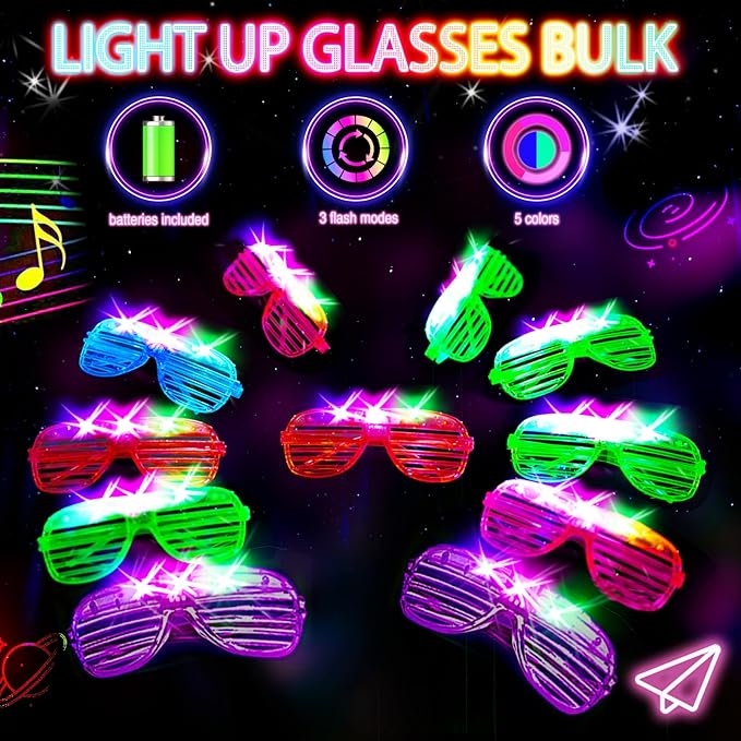 38PCS LED Glasses, Light Up Glasses, 5 Colors, 3 Light Modes, Glow in The Dark Party Supplies, Neon