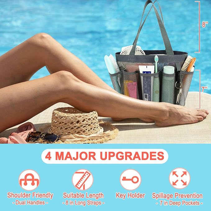 Mesh Shower Caddy Portable for College Dorm Room Essentials, 8-Pocket Large Shower Basket Tote Bag