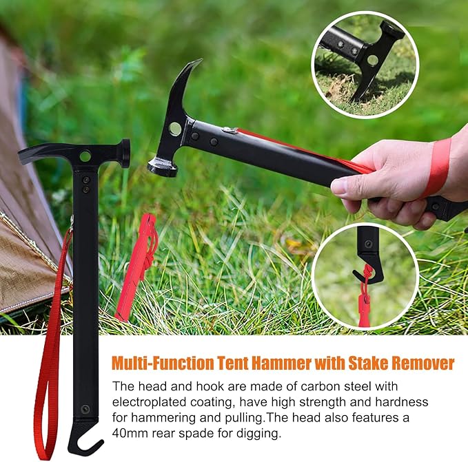 Eurmax USA Hiking Camping Tent Stakes and Hammer Set Lightweight Multi-Function Tent Hammer with