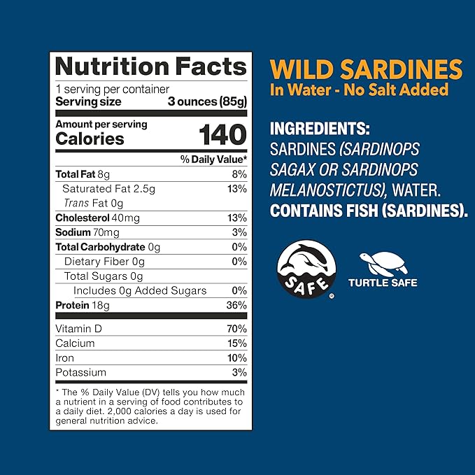 Wild Planet Wild Sardines in Water, No Salt Added, Tinned Fish, Non-GMO, Sustainable 4.4 Ounce