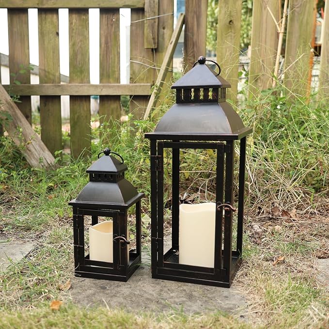 DECORKEY LED Lanterns Decorative Outdoor&Indoor, Set of 2 (17’’&11’’) Large Black Metal Lantern