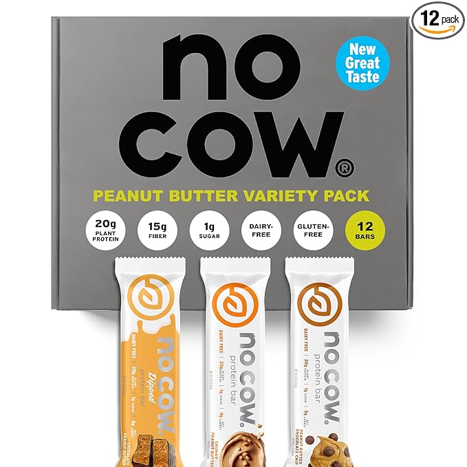 No Cow Vegan Protein Bars, Upgraded Peanut Butter Variety Pack | 20g Plant Based Protein, Gluten